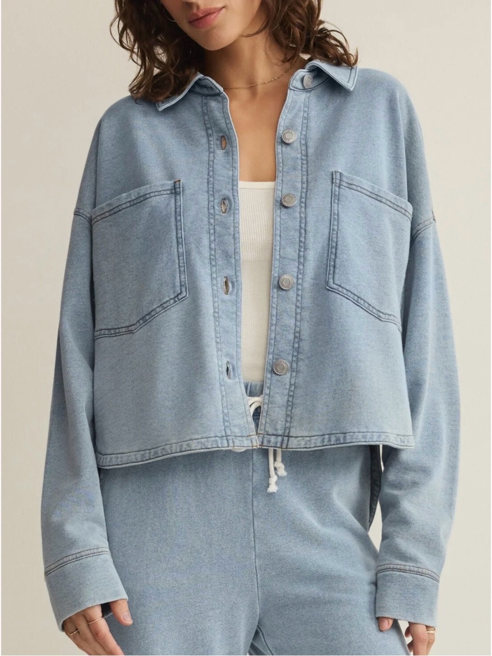 Z Supply All Day Cropped Denim Knit Jacket EUC Size L